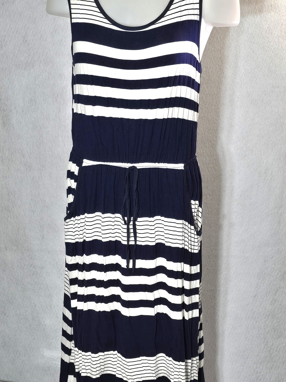 Sleeveless Navy & White Striped Maxi Dress & Drawstring Waist From Espresso Sz M